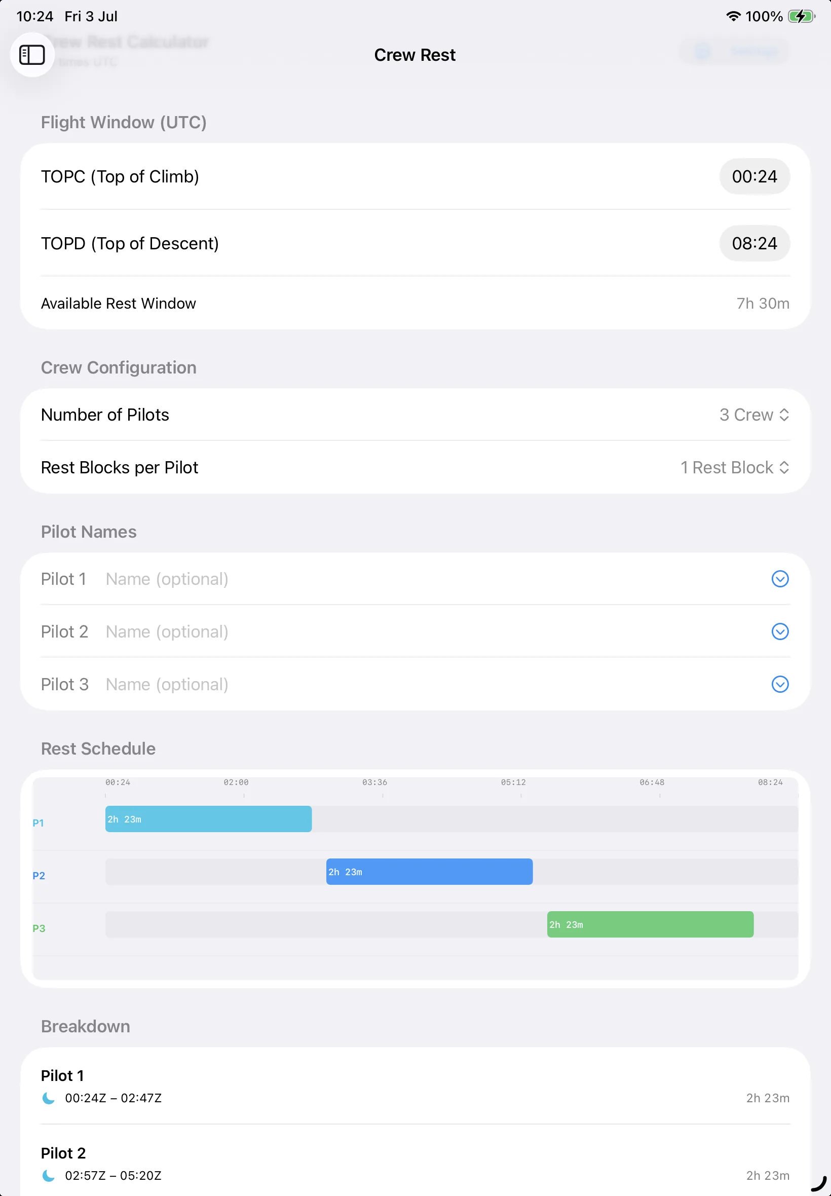 Crew rest schedule timeline