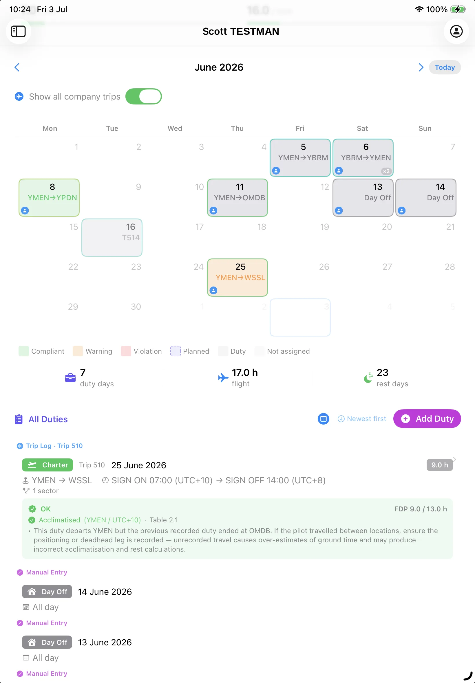 CrewTek duty calendar on iPad