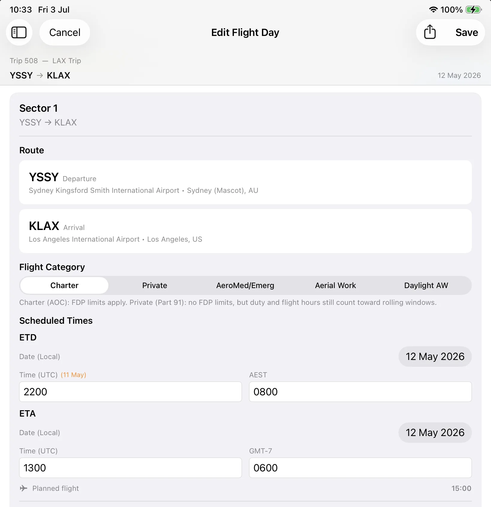 Edit Flight Day — route and scheduled times
