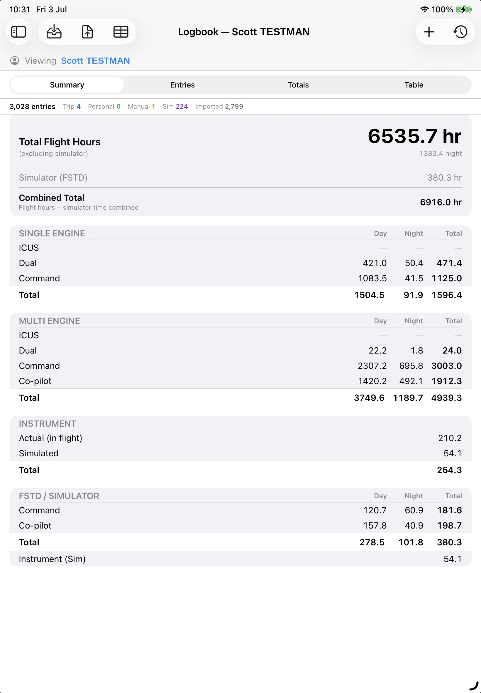 Pilot logbook totals summary
