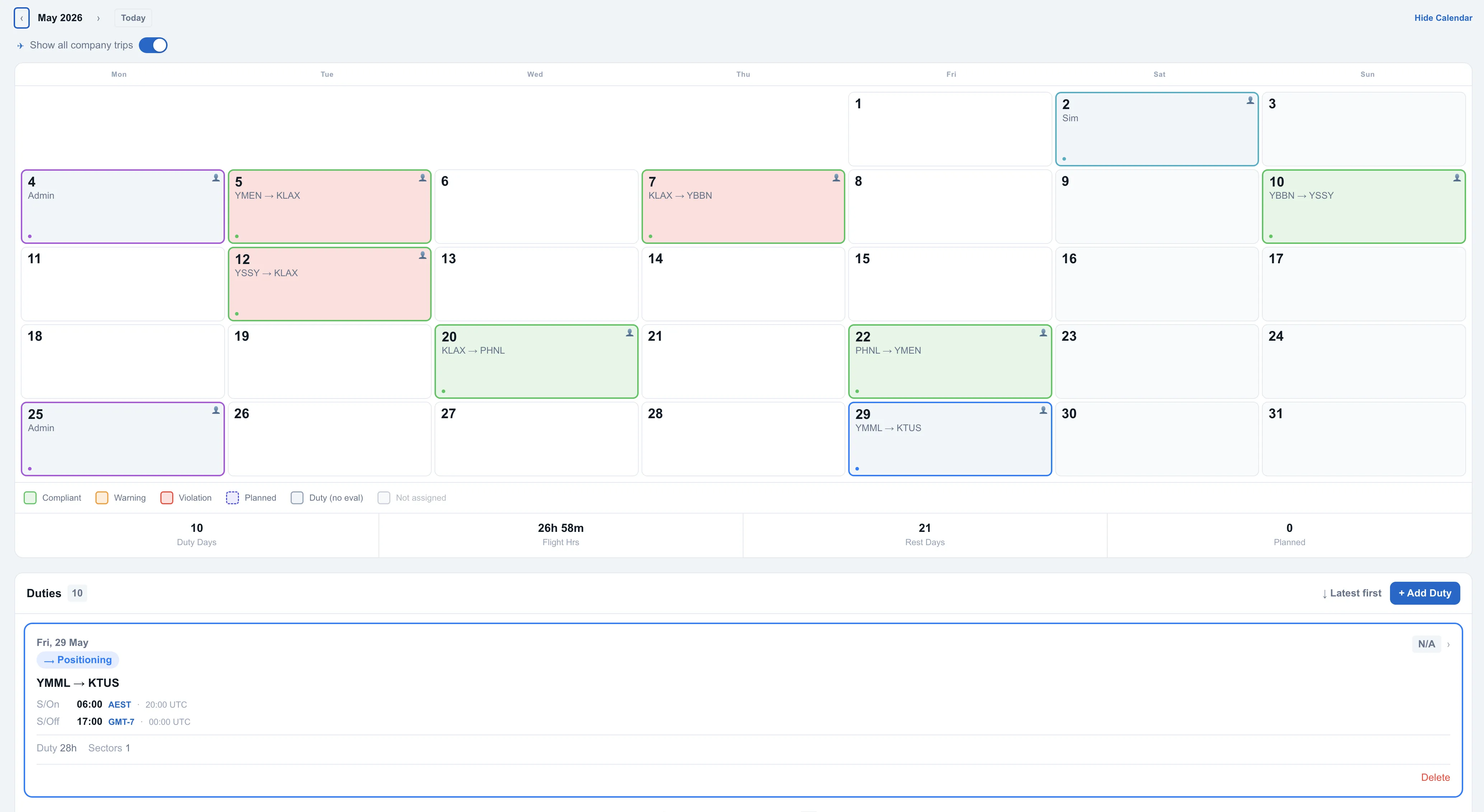 CrewTek web app — Duty & Fatigue calendar